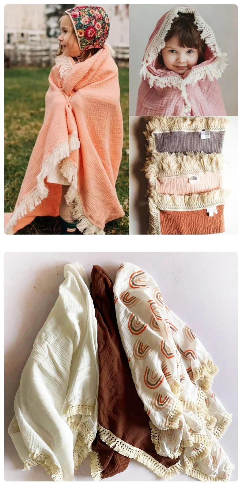 Poowe Muslin Cotton Baby Receiving Blanket with Fringe, Boho Bohemian Tassels, Nursery Decor